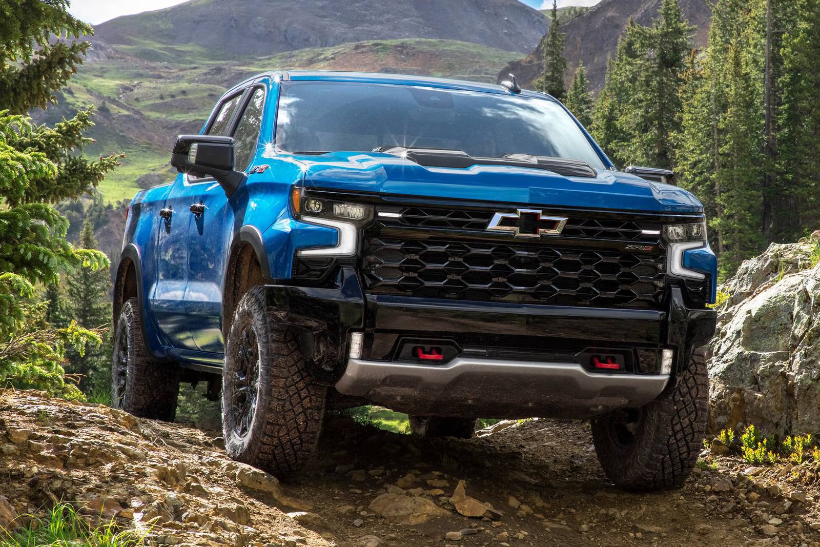 A blue truck parked.